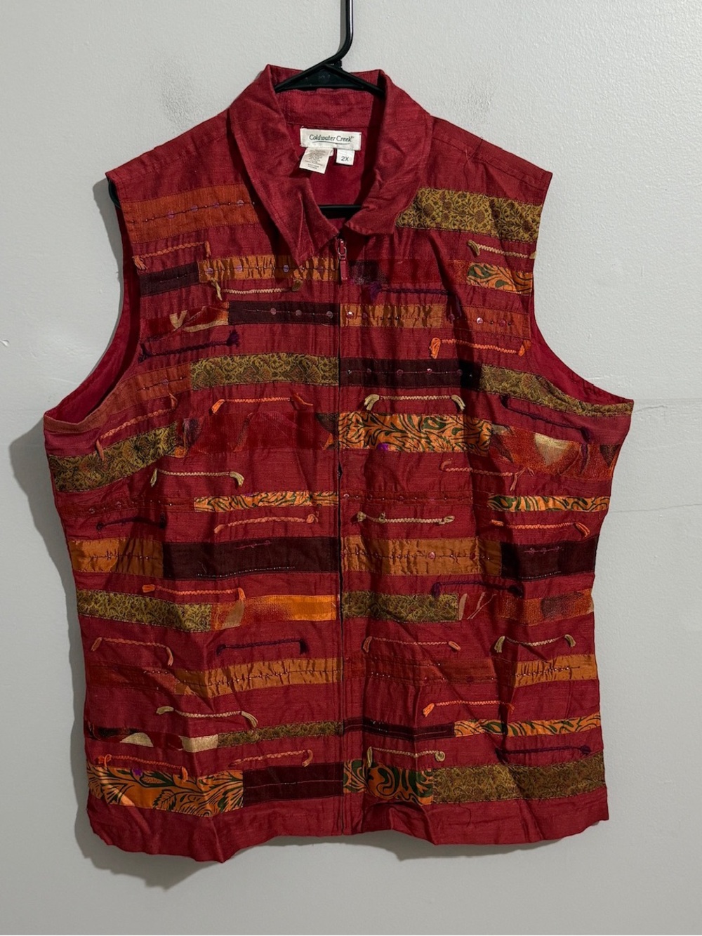 Coldwater Creek Vest Womens 2X Red Patchwork Embroidered Zip Front Boho Artsy